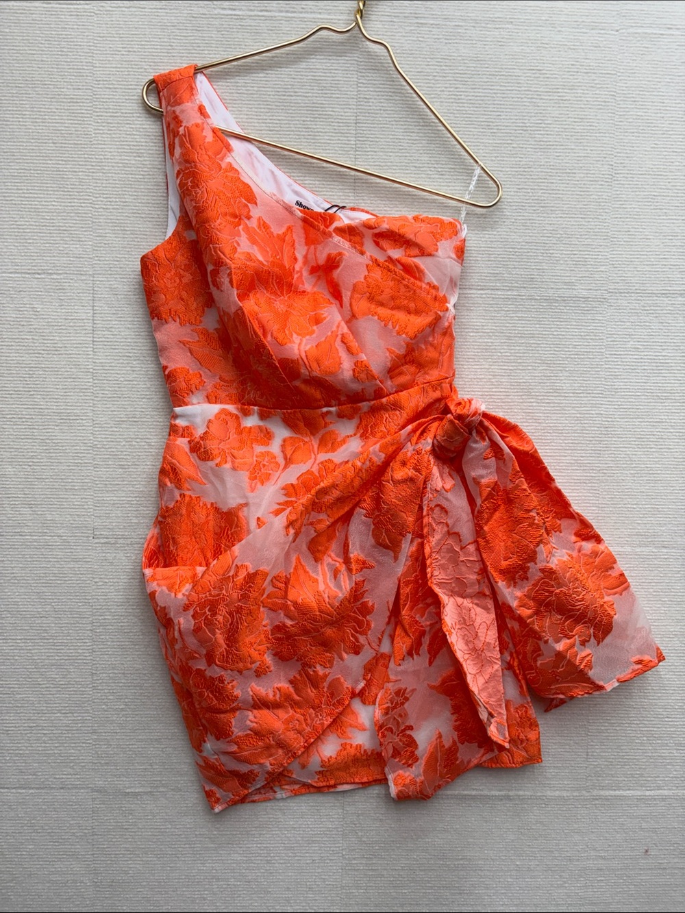 Showpo One-Shoulder Floral Jacquard Dress in Bright Orange - Picture 2 of 8